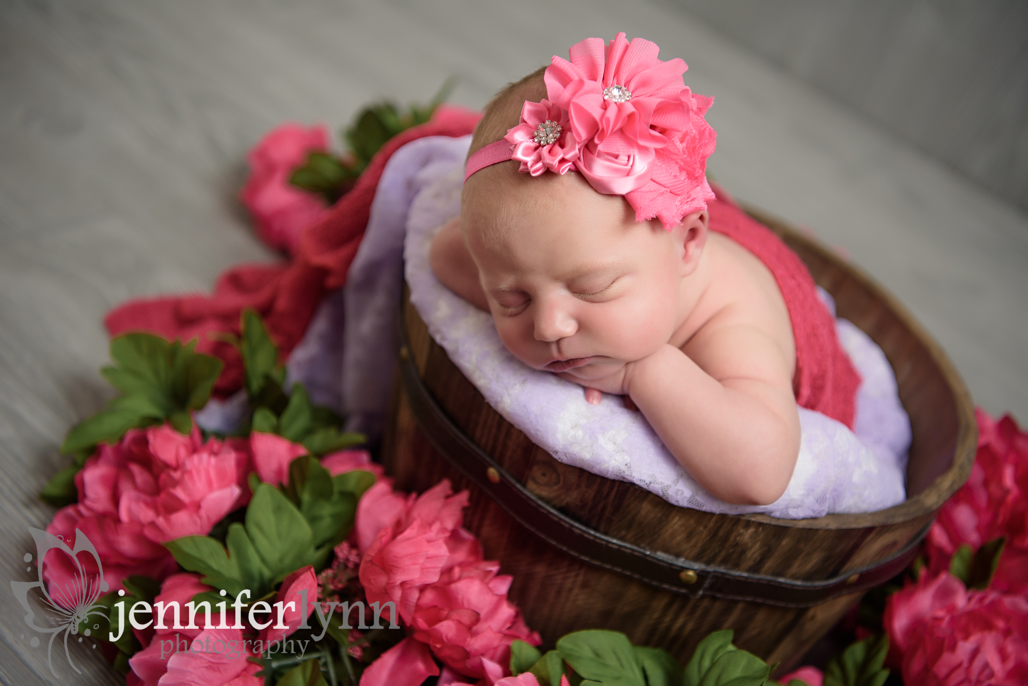 Newborn Girl Wooden Basket Pink Flowers