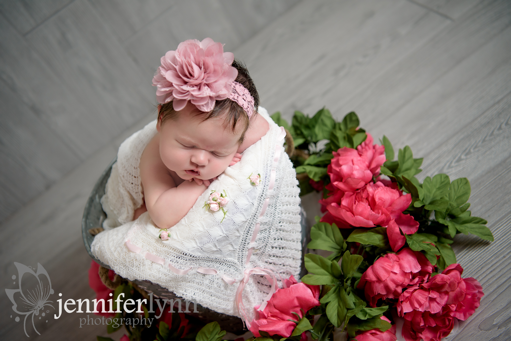 Newborn girl pink flowers bucket 