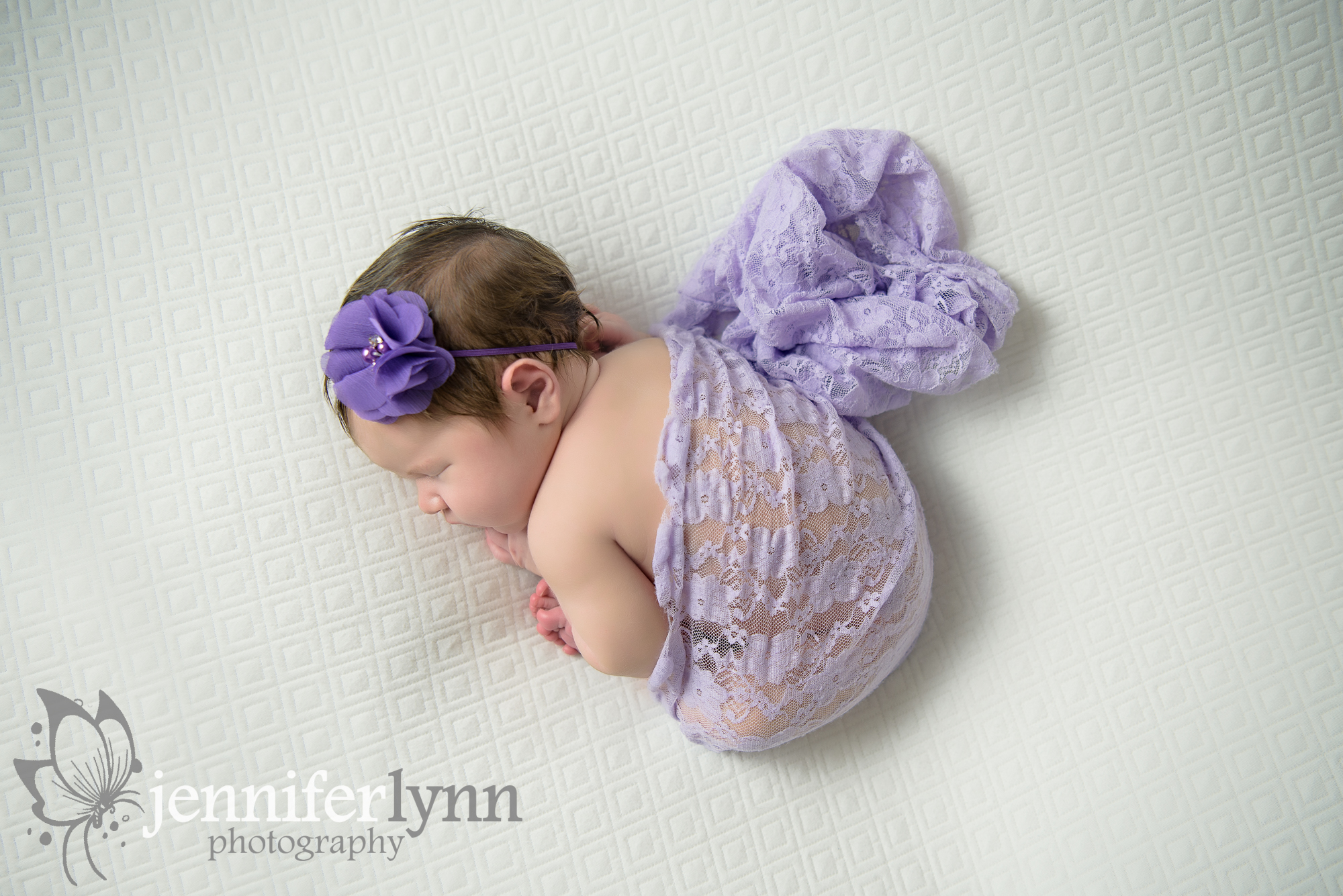 Newborn Girl Overhead Purple Lace White Blanket