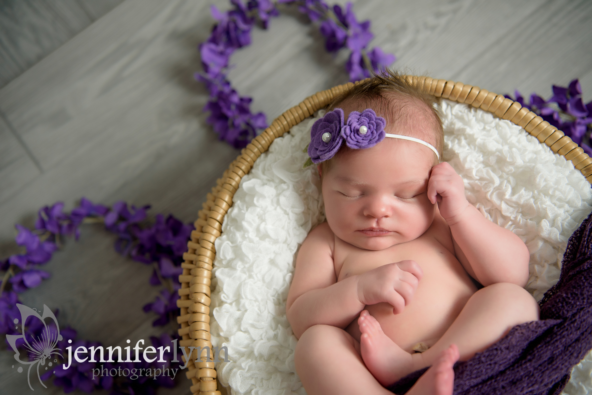 Newborn Girl Basket Purple Wrap and Flowers