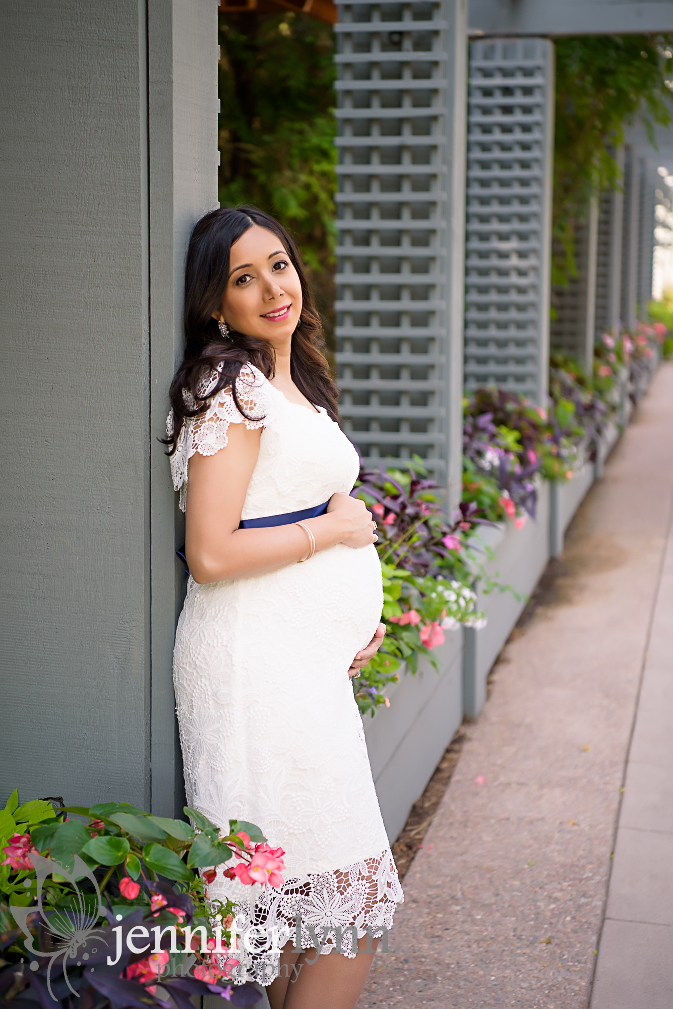 Maternity Lace Dress Leaning Back