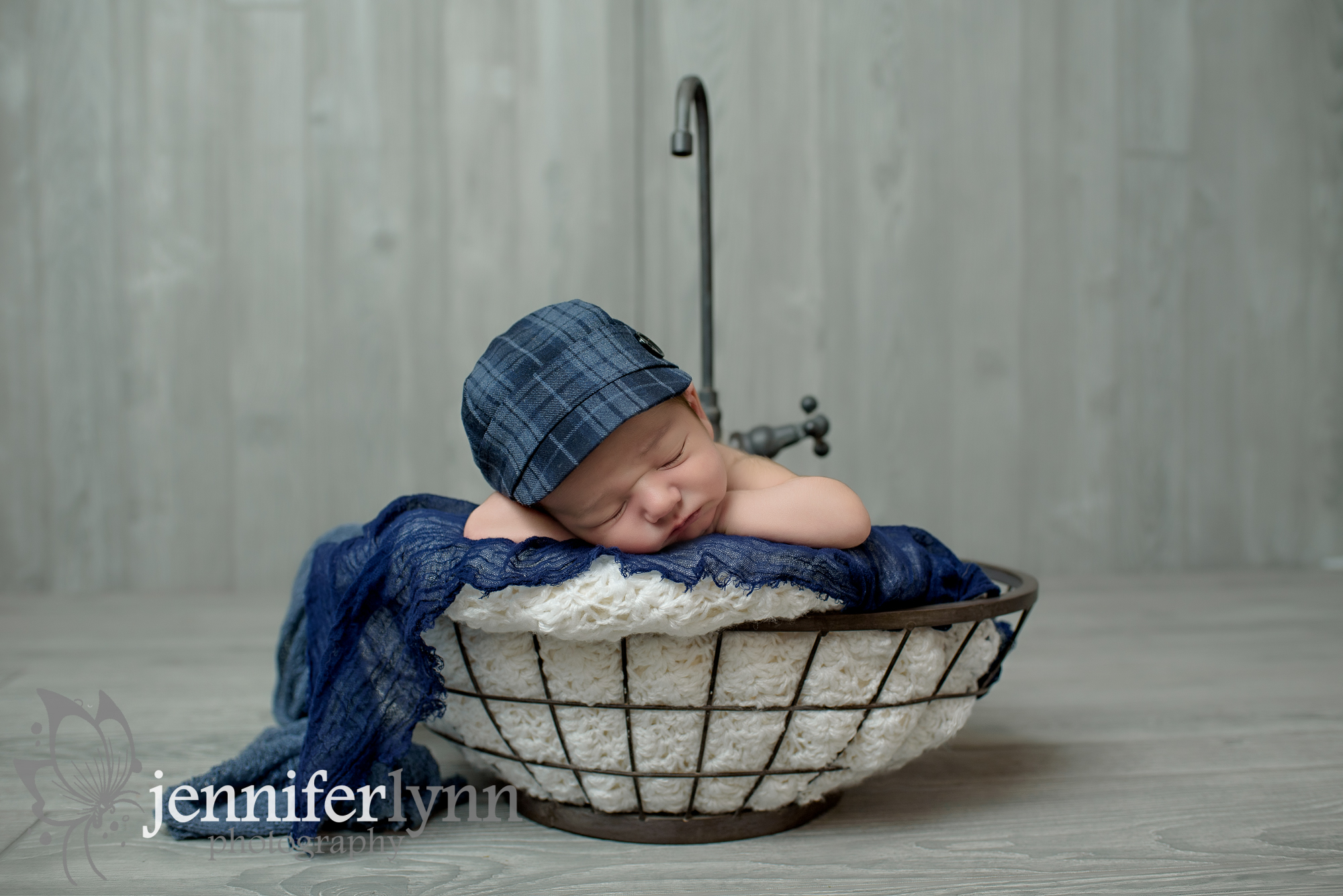 Newborn Boy Sink Prop Blue Wrap Plaid Newsboy Cap