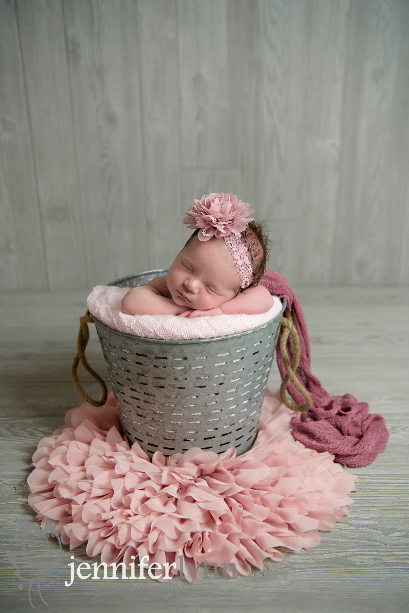 Newborn Girl Silver Bucket Pink Accents