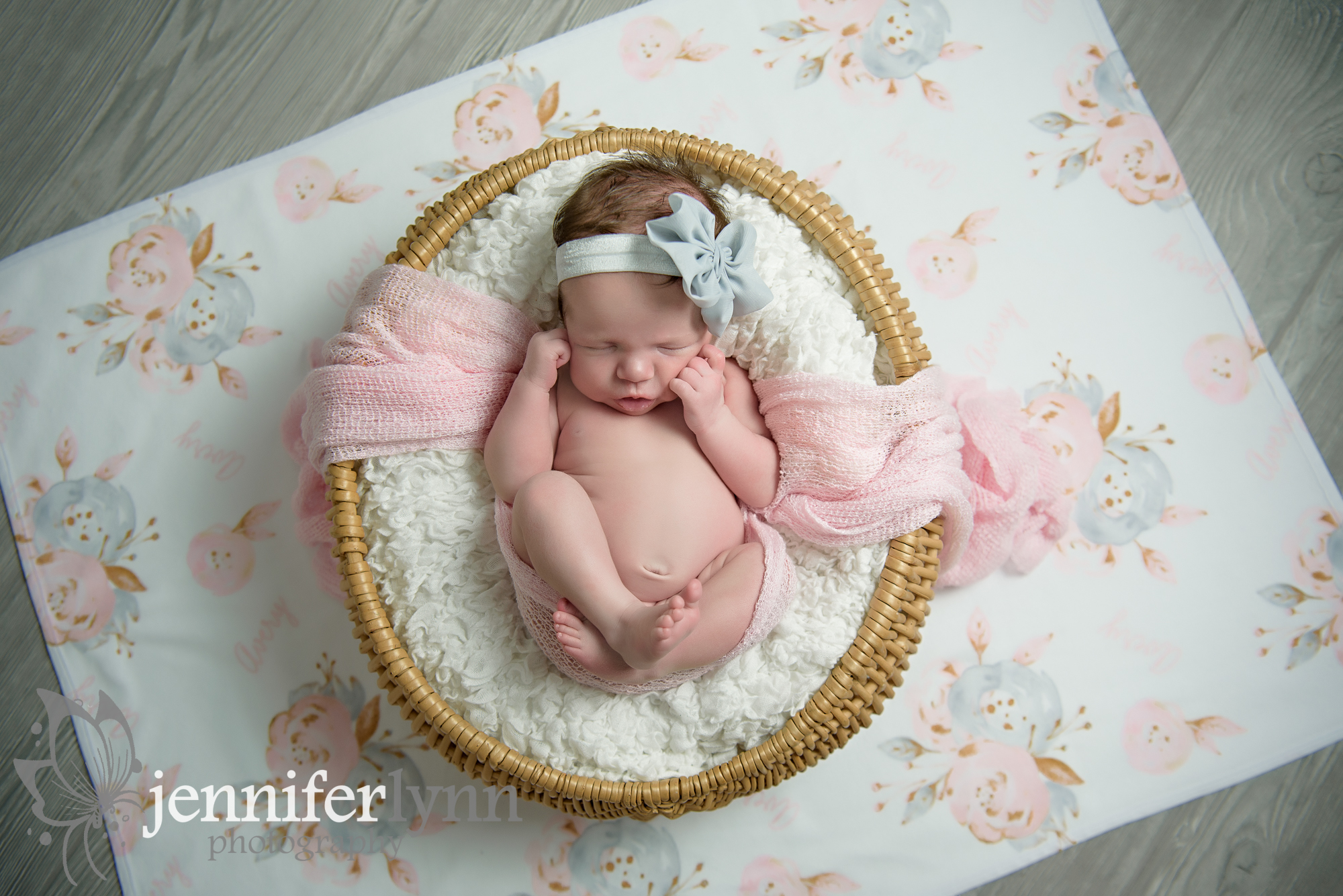 Newborn Girl Basket Overhead Personalized Blanket