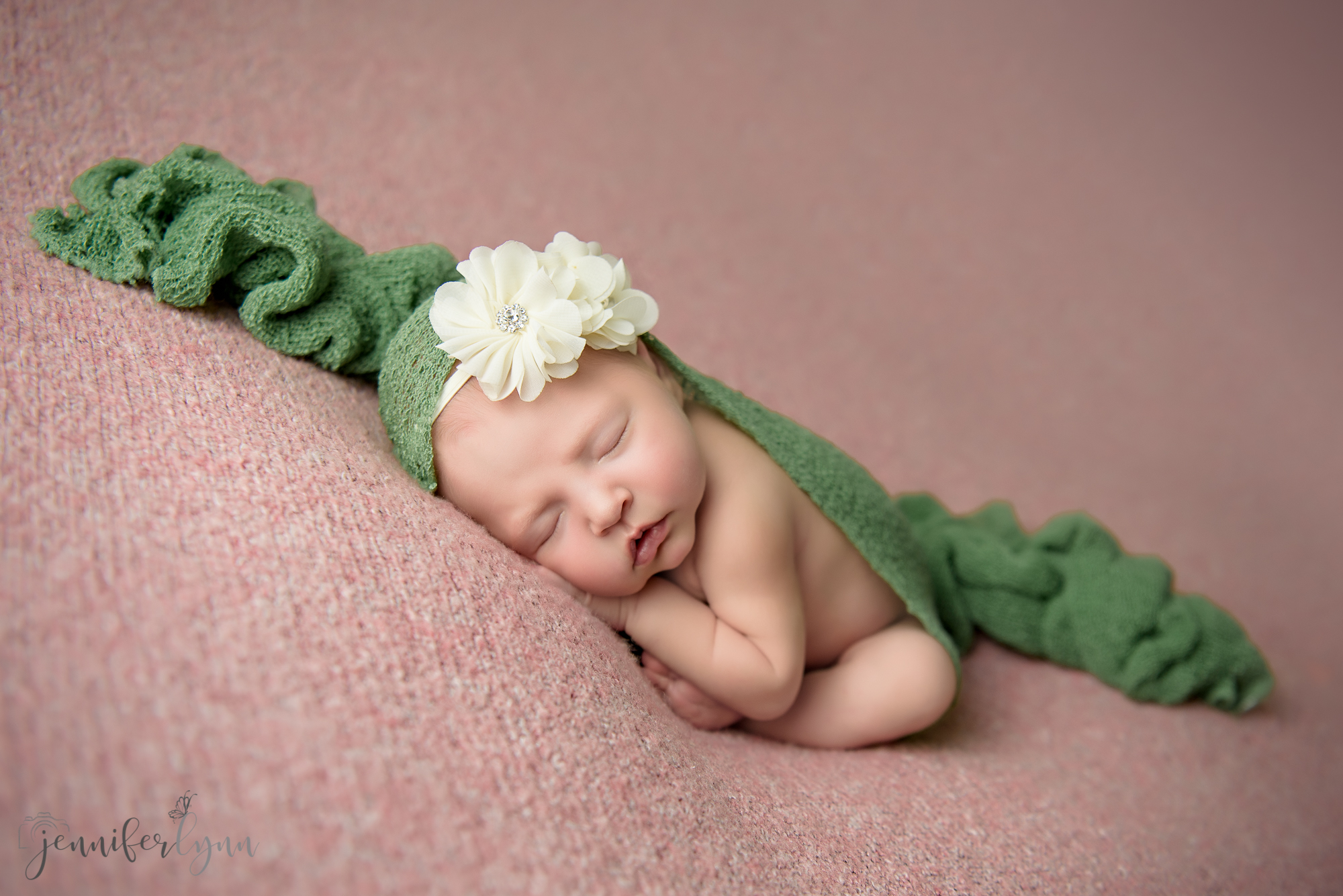 Newborn Girl Pink Blanket, Green Wrap