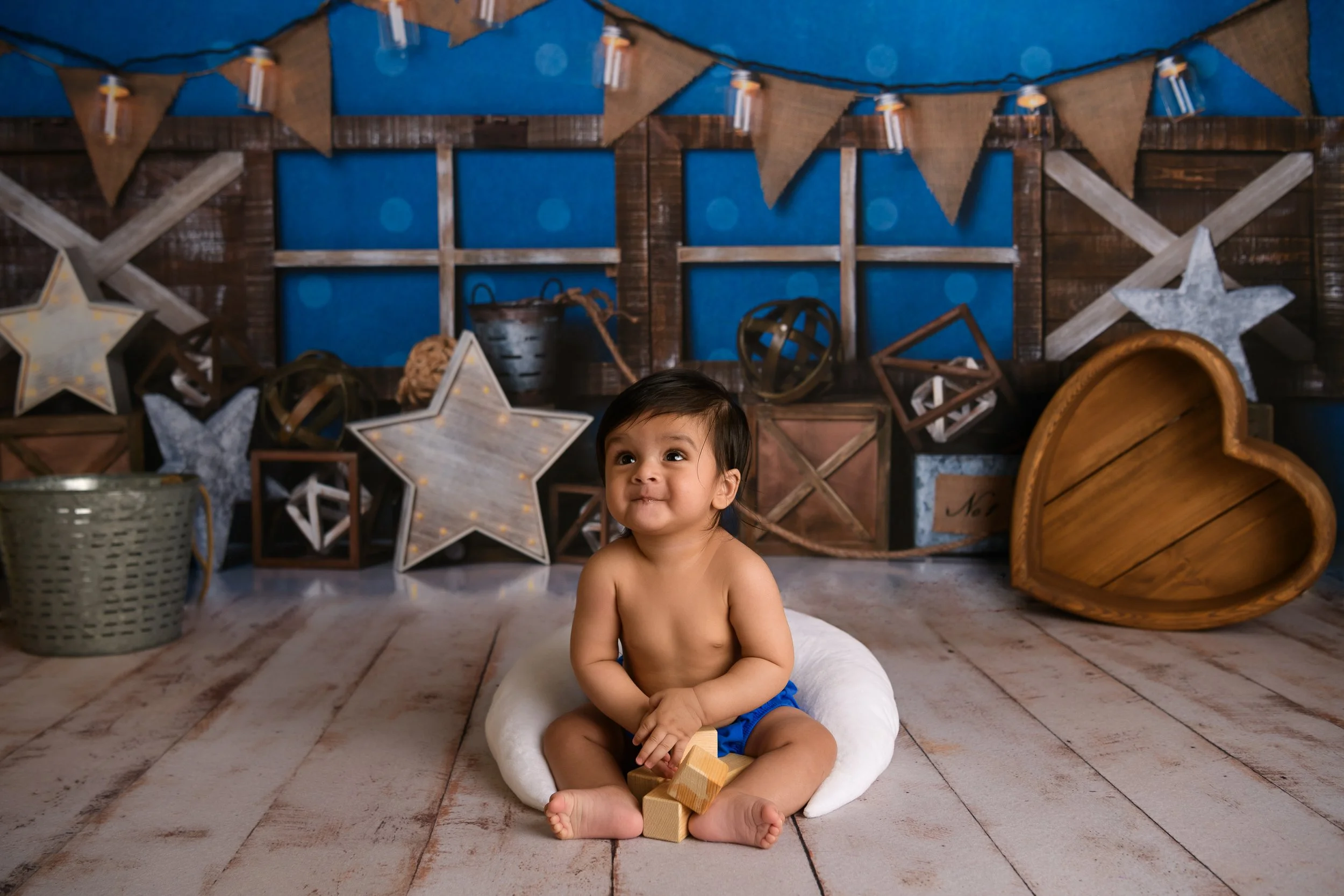 Blue Window Frame with Crates