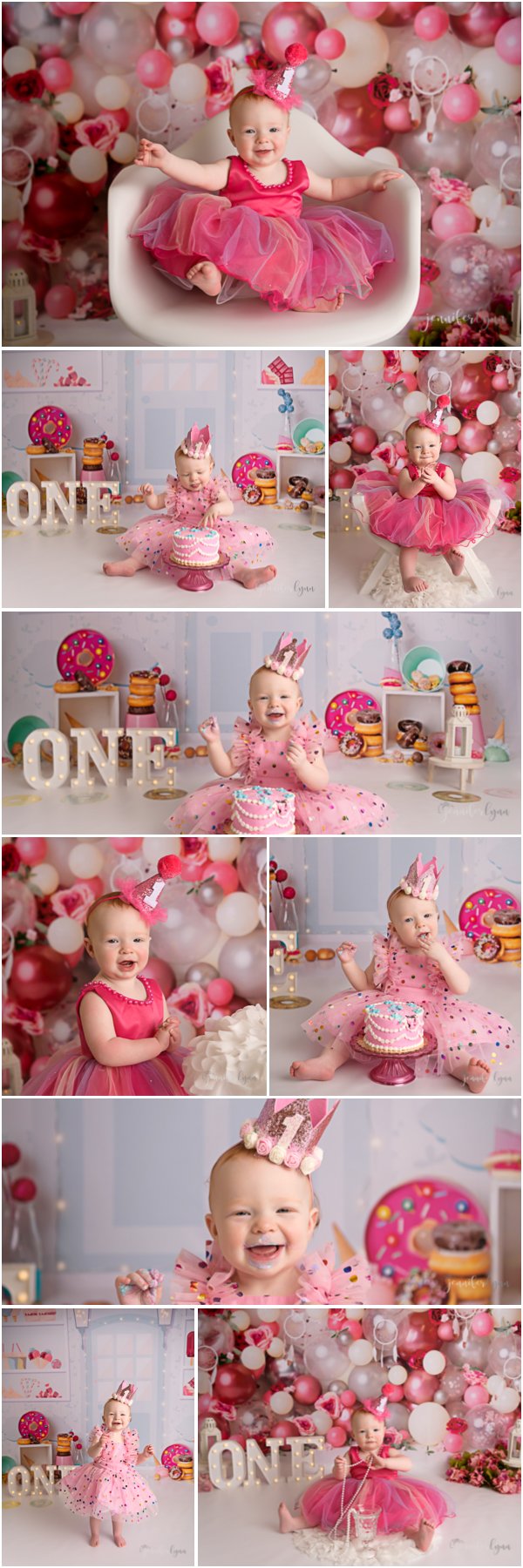 Blair first birthday pink balloon wall donut grow up sweet shop cake smash.jpg