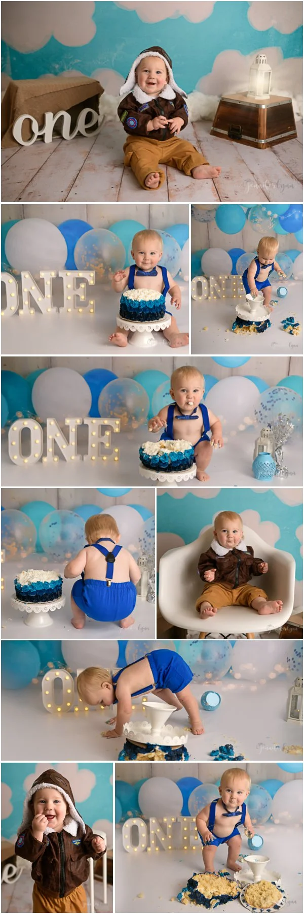 Caleb first birthday baby boy cake smash blue balloons.jpg