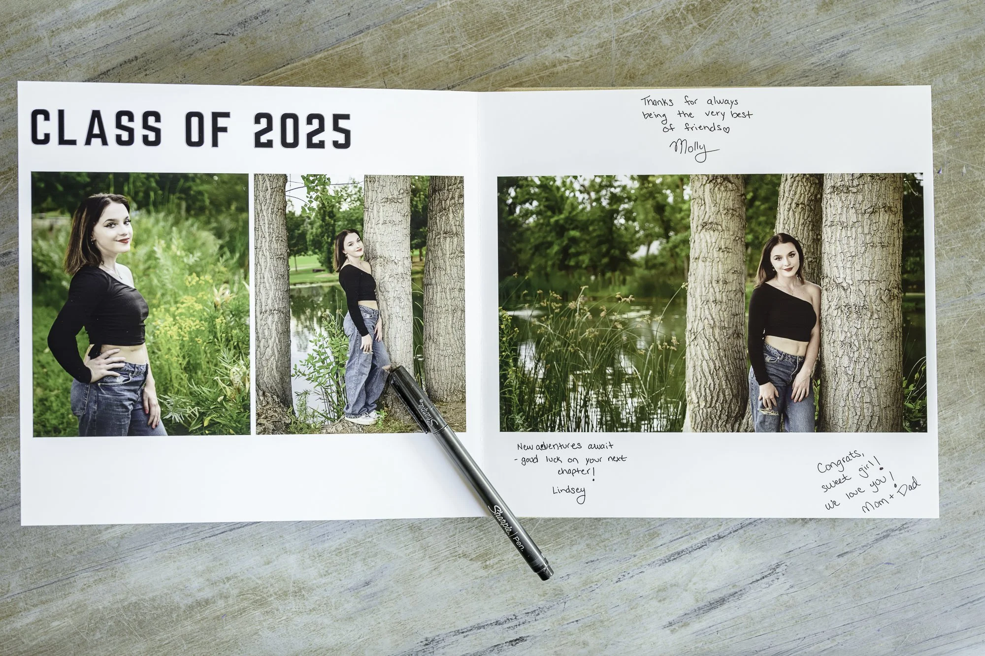 Jennifer Lynn Photography senior signature album notes wellwishes hand written messages inside album pages next to professional senior pictures