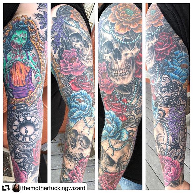 #repost @themotherfuckingwizard
・・・
Got some healed pics of a recently wrapped up sleeve. Fun stuff! #sacreddiamondtattoo