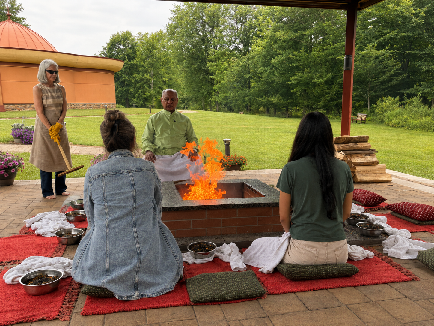 Fire ceremony space prepared for Sri Suktam practice at the Himalayan Institute