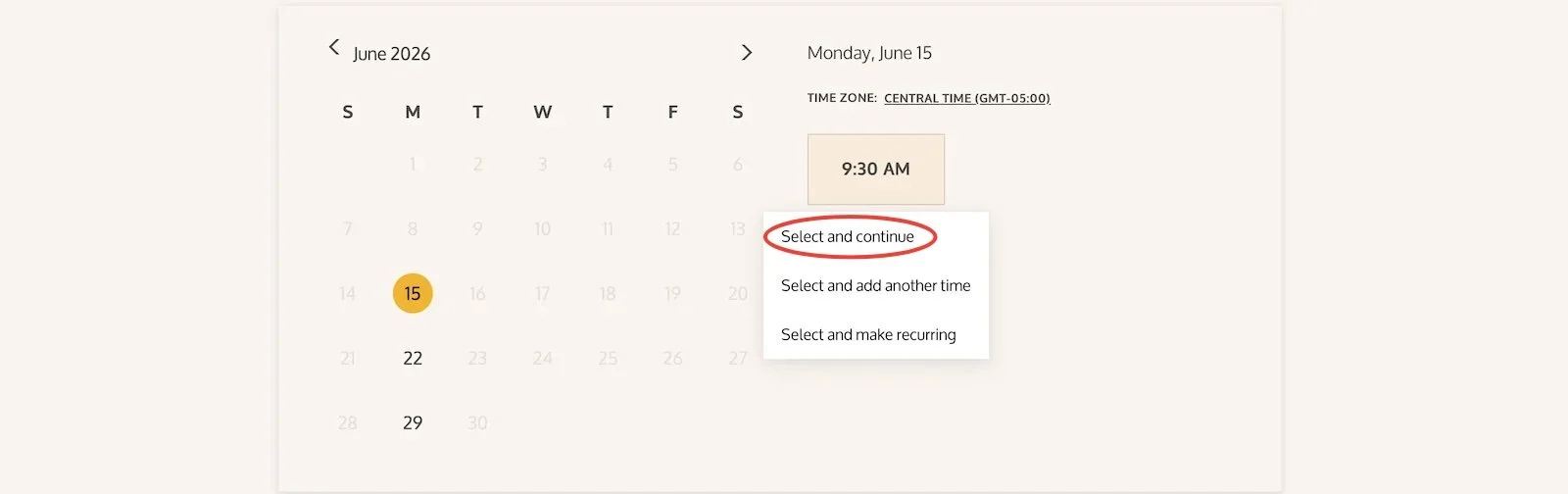 Student chooses one date/time and Time selection  and continues,