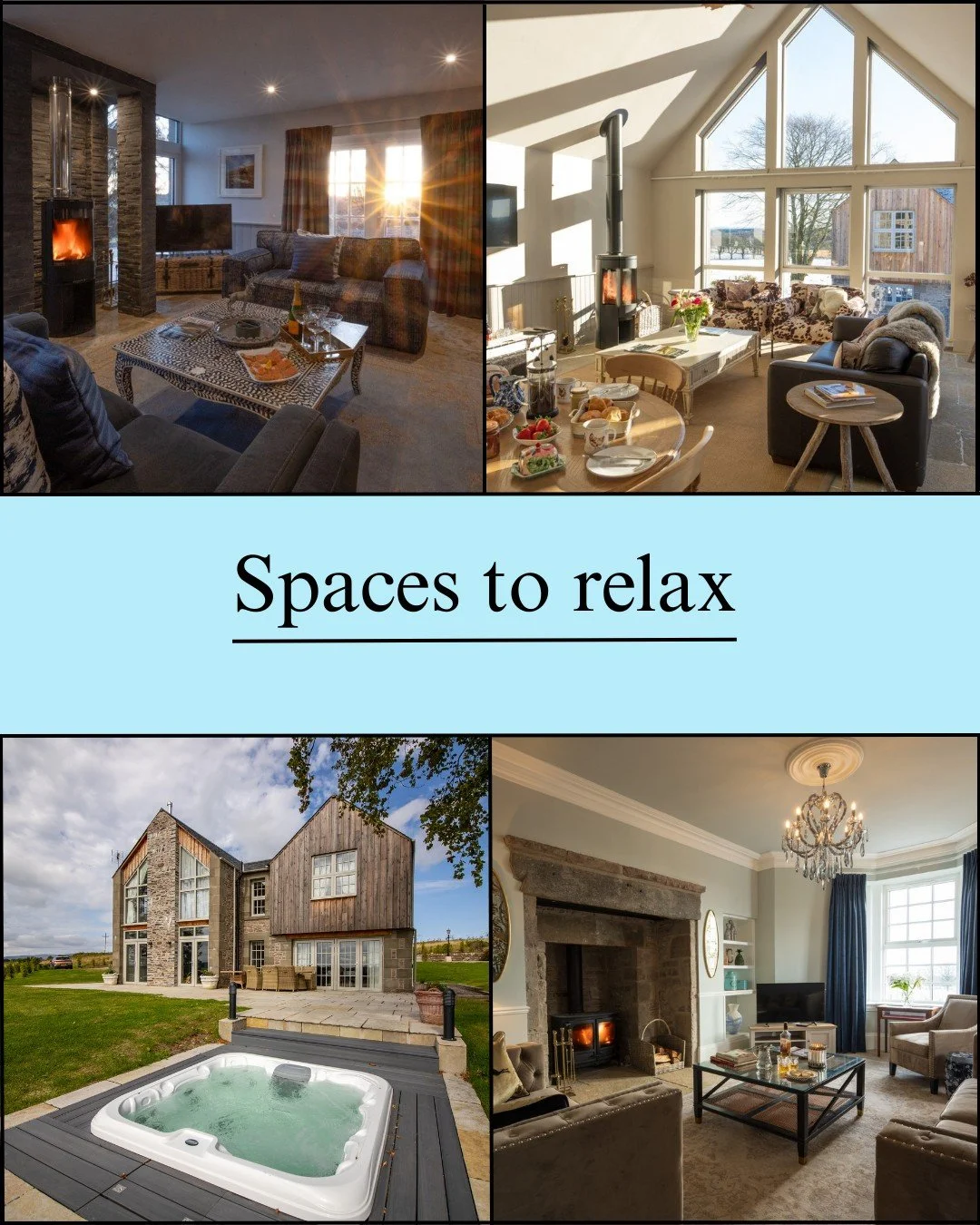 Comfortable lounges, fireplace and outdoor hot tub at the Scotland retreat property