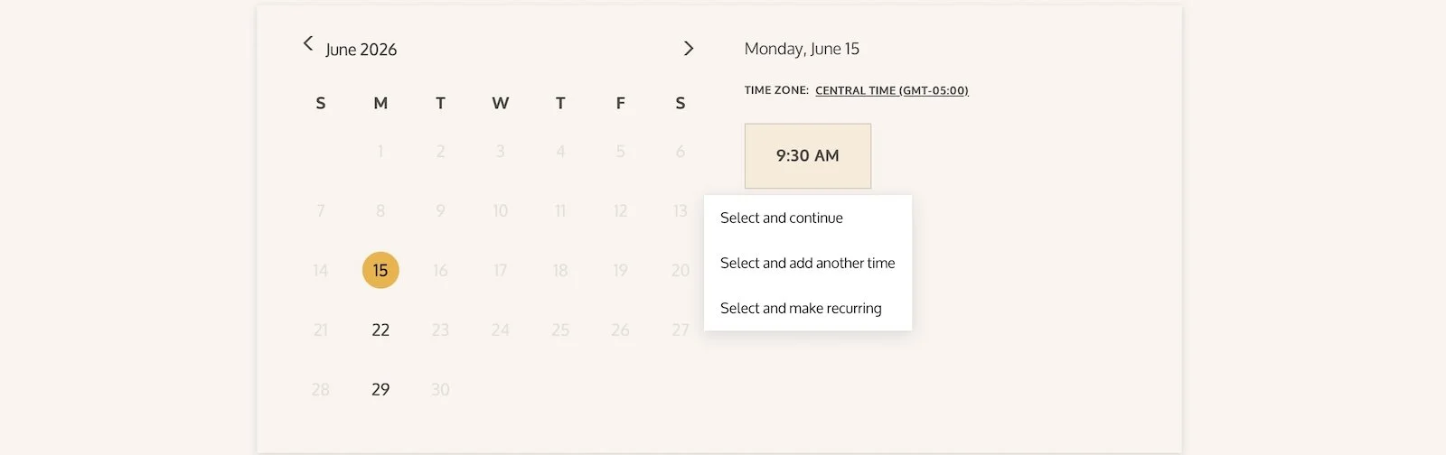 Time selection menu showing options to select and continue, add another time, or make recurring.