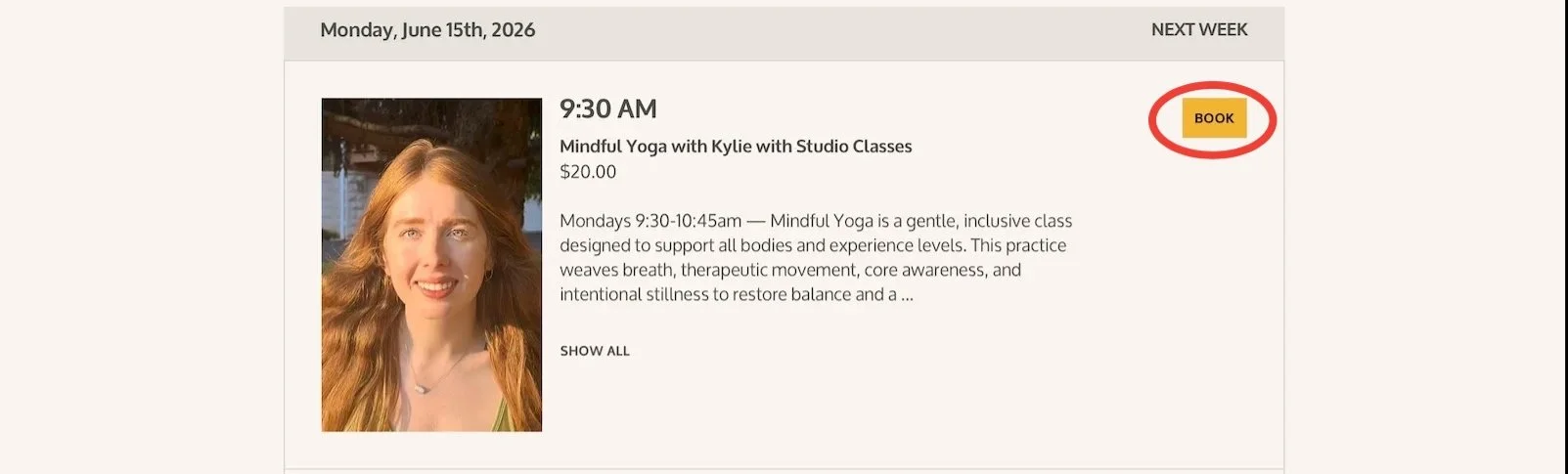 Yoga Among Friends Class listing with Book button circled in red