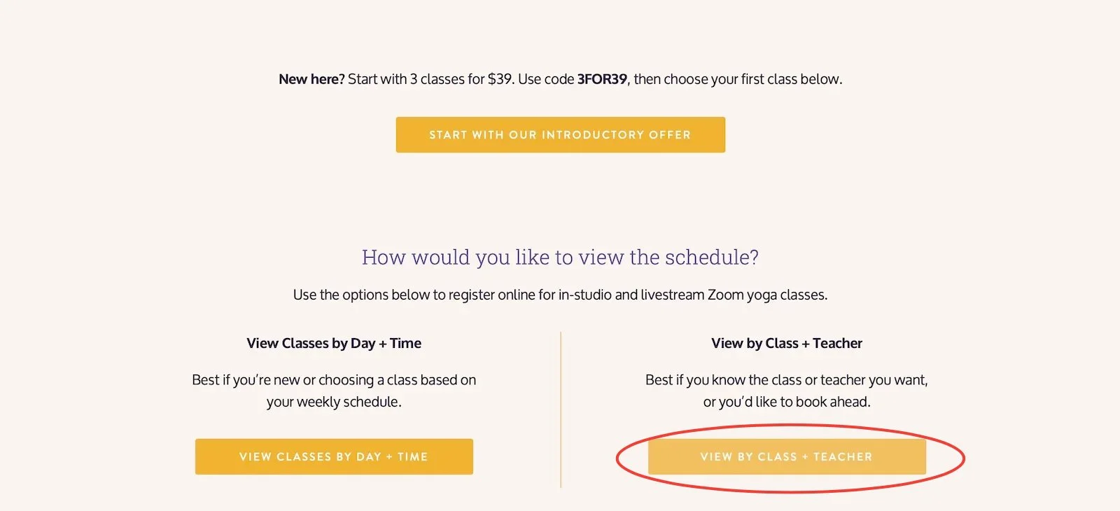 Schedule page showing buttons to view classes by day and time or by class and teacher.