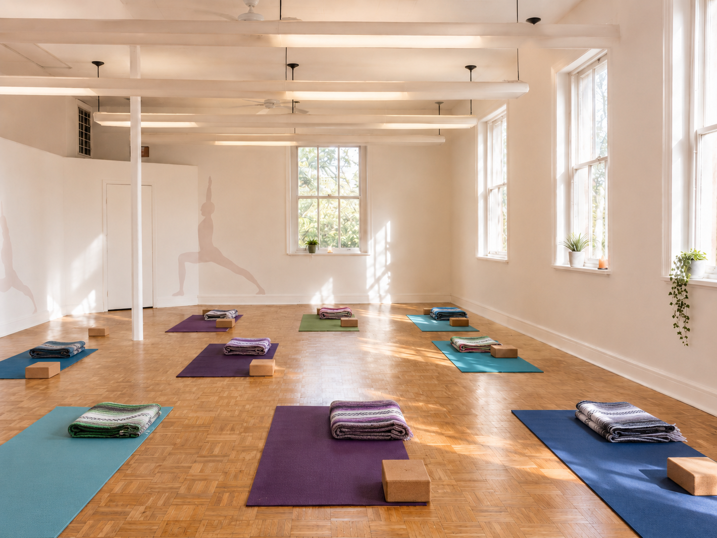 Yoga mats, blankets, and blocks arranged in a peaceful studio at Yoga Among Friends