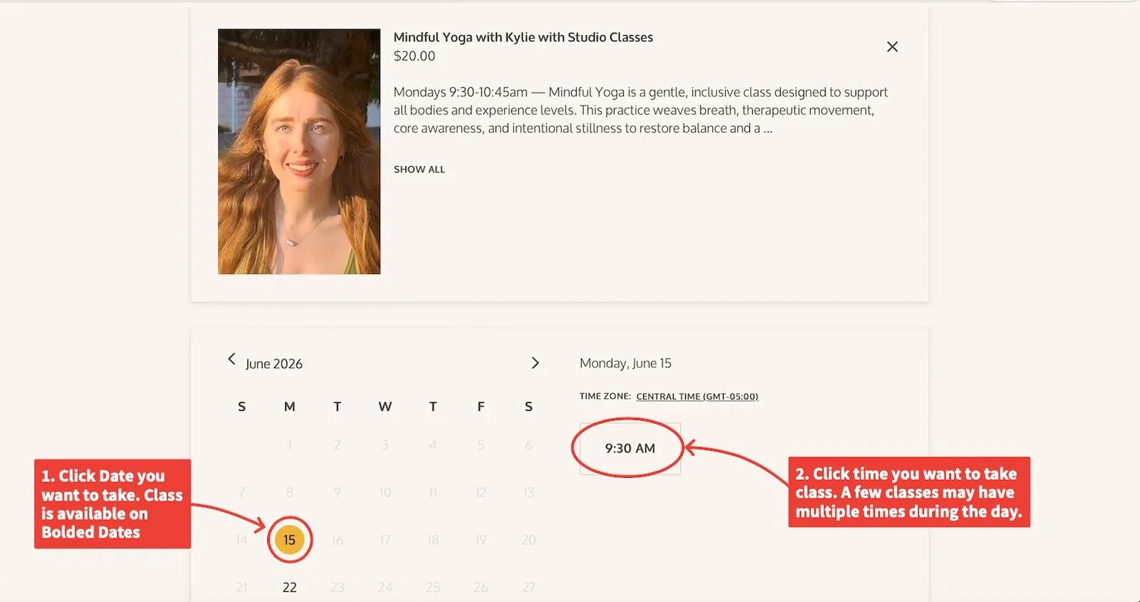 Calendar screen showing available dates and a 9:30 AM class time.