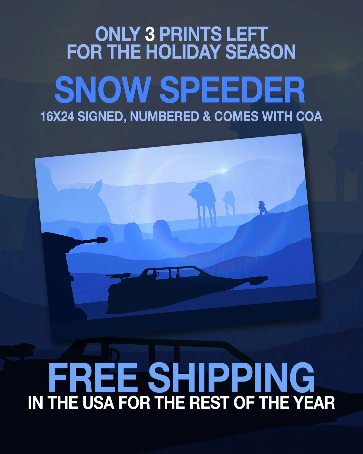 Link to website in my profile. Free shipping the US for the rest of the year. Very limited stock on prints. Get them while you can!

#starwars #starwarartist #jasonwchristman #TESB #theempirestrikesback #snowspeeder #airspeeder #starwarsholiday #star