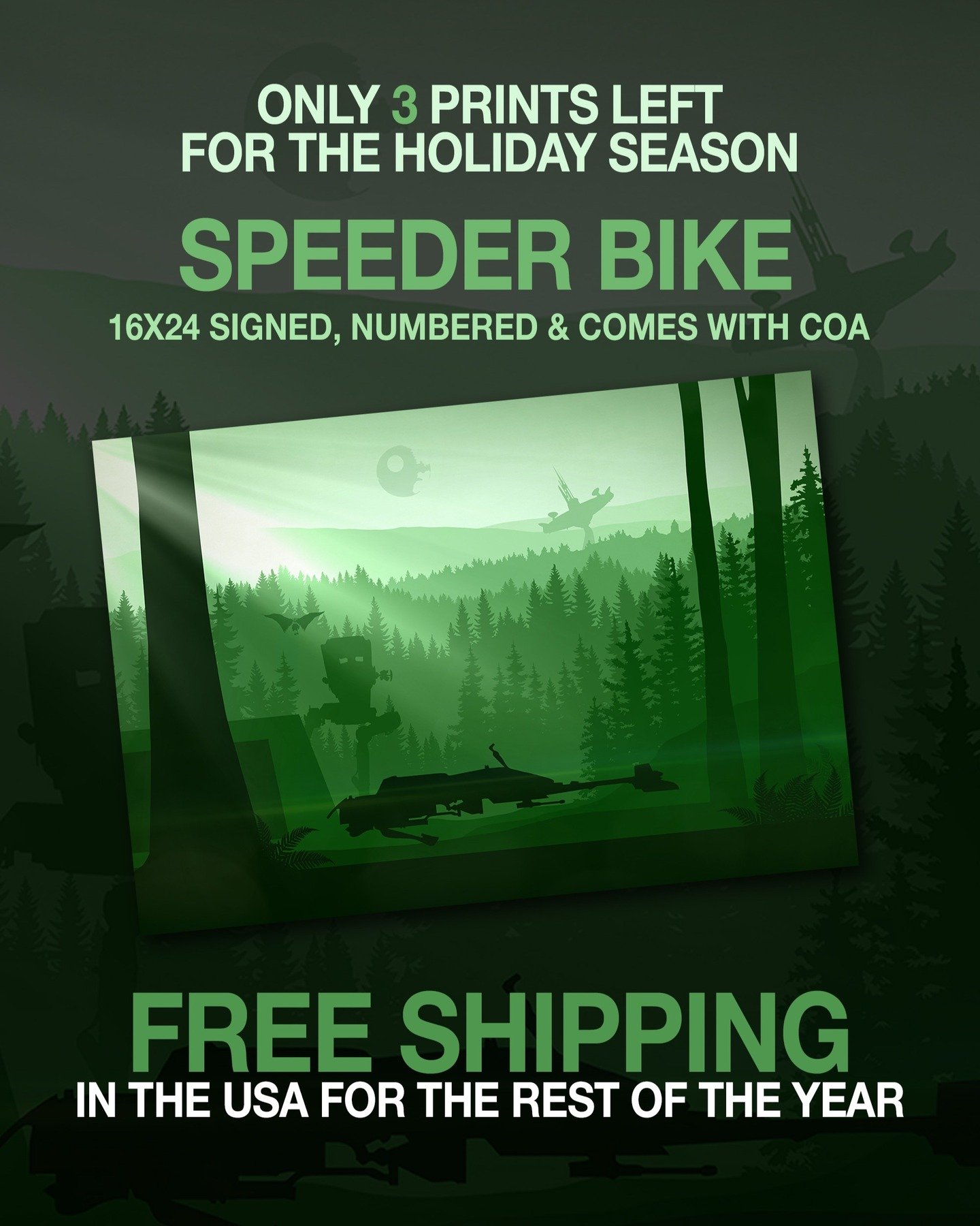 Link to website in my profile. Free shipping the US for the rest of the year. Very limited stock on prints. Get them while you can!

#starwars #starwarartist #jasonwchristman #ROTJ #returnofthejedi #speederbike #starwarsholiday #starwarsart #endor #a