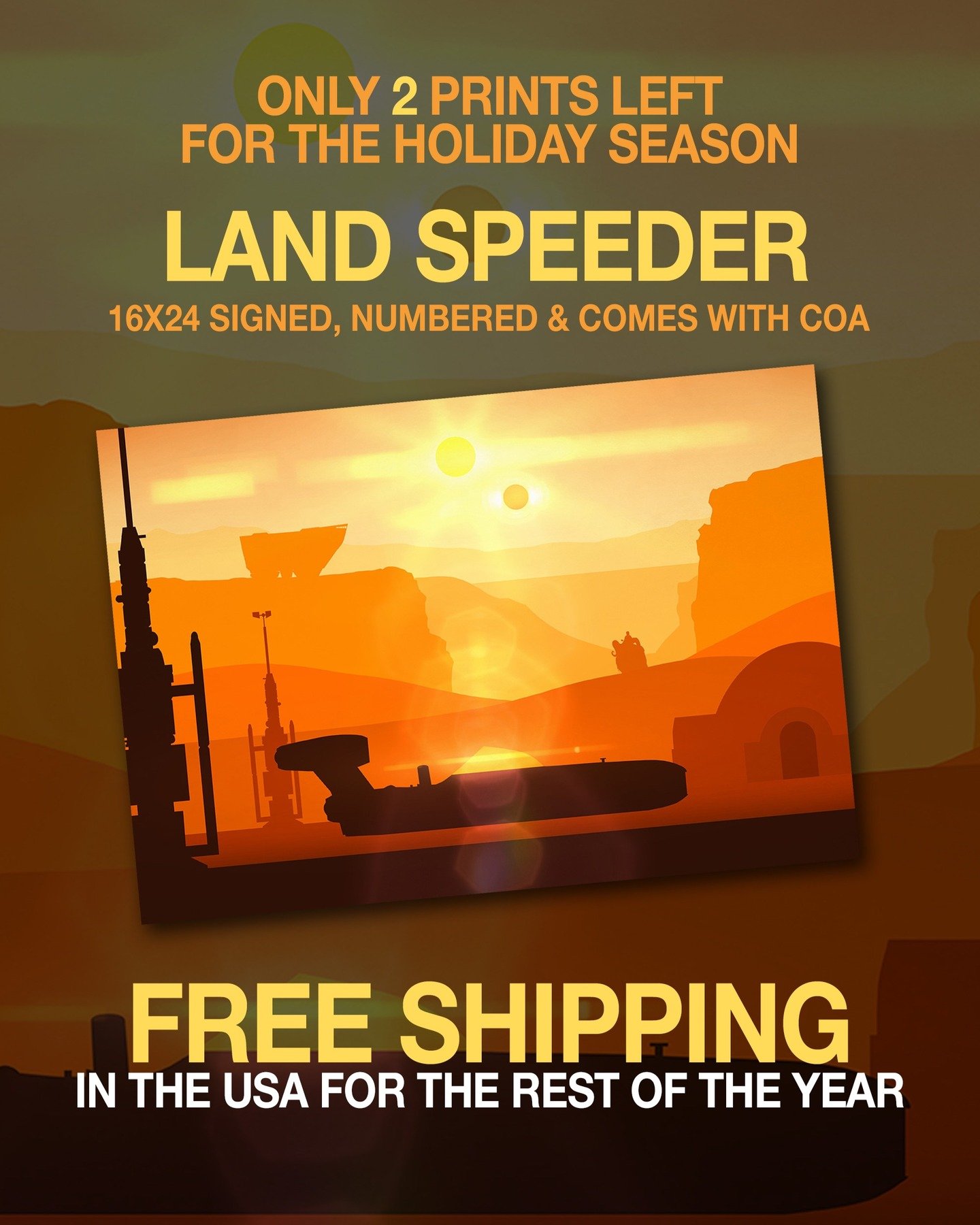 Link to website in my profile. Free shipping the US for the rest of the year. Very limited stock on prints. Get them while you can!

#starwars #starwarartist #jasonwchristman #anewhope #landspeeder #starwarsholiday #starwarsart #lukeskywalker #tatooi