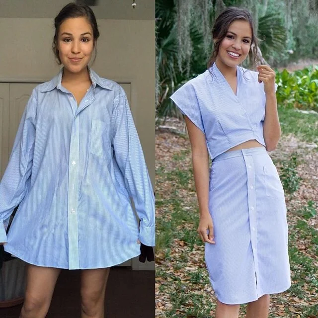 Turning a men&rsquo;s shirt into a new look! ⁣#refashion #upcycle⁣
⁣
Growing up, I used to make clothes for my Barbies using scrap fabrics I would buy for cheap from @joann_stores ⁣
⁣
Fast forward to now, I was using the SAME colorful fabrics to make