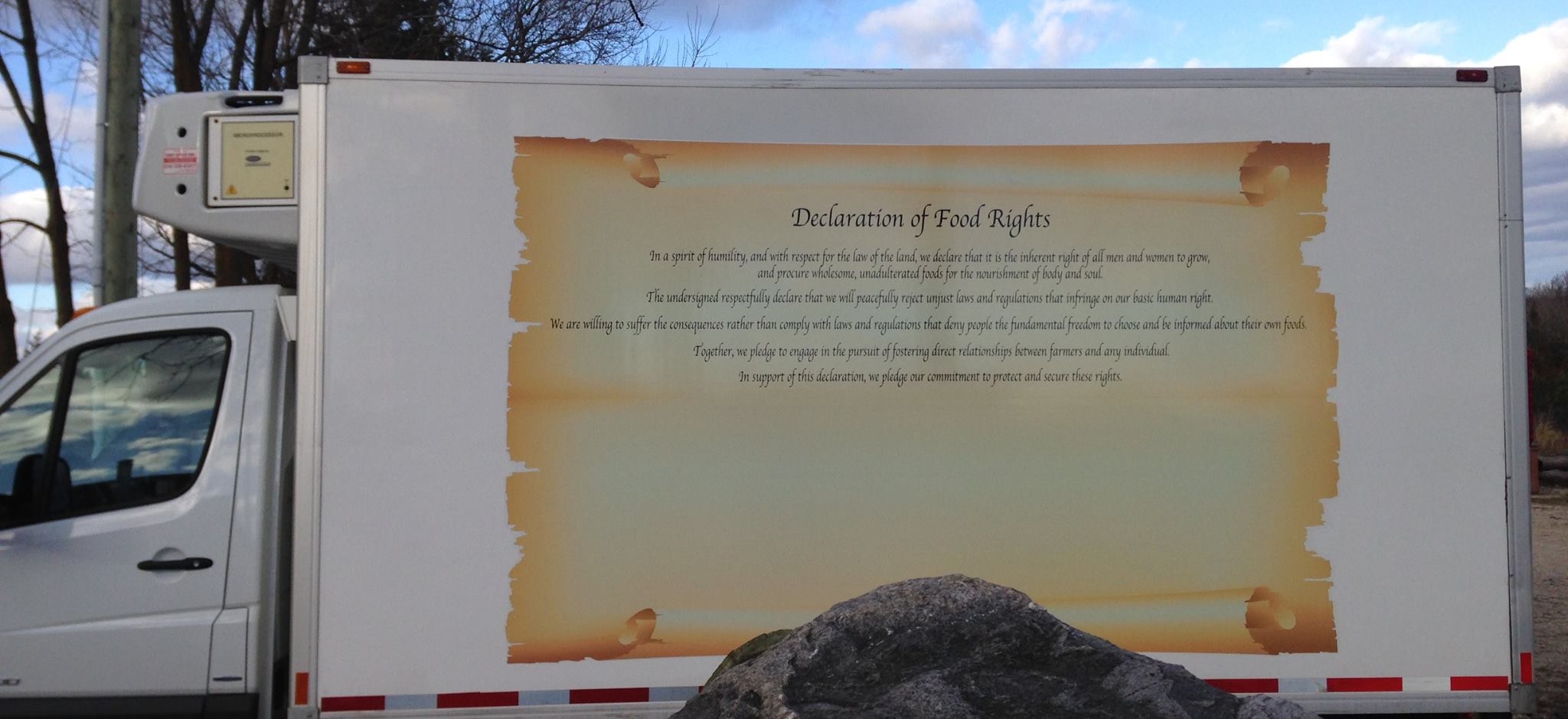 Declaration of Food rights printed on the side of a refrigerated truck, ready to be signed later today at the Ontario Legislature Parliament Building, Toronto by Glencolton farm share holders.