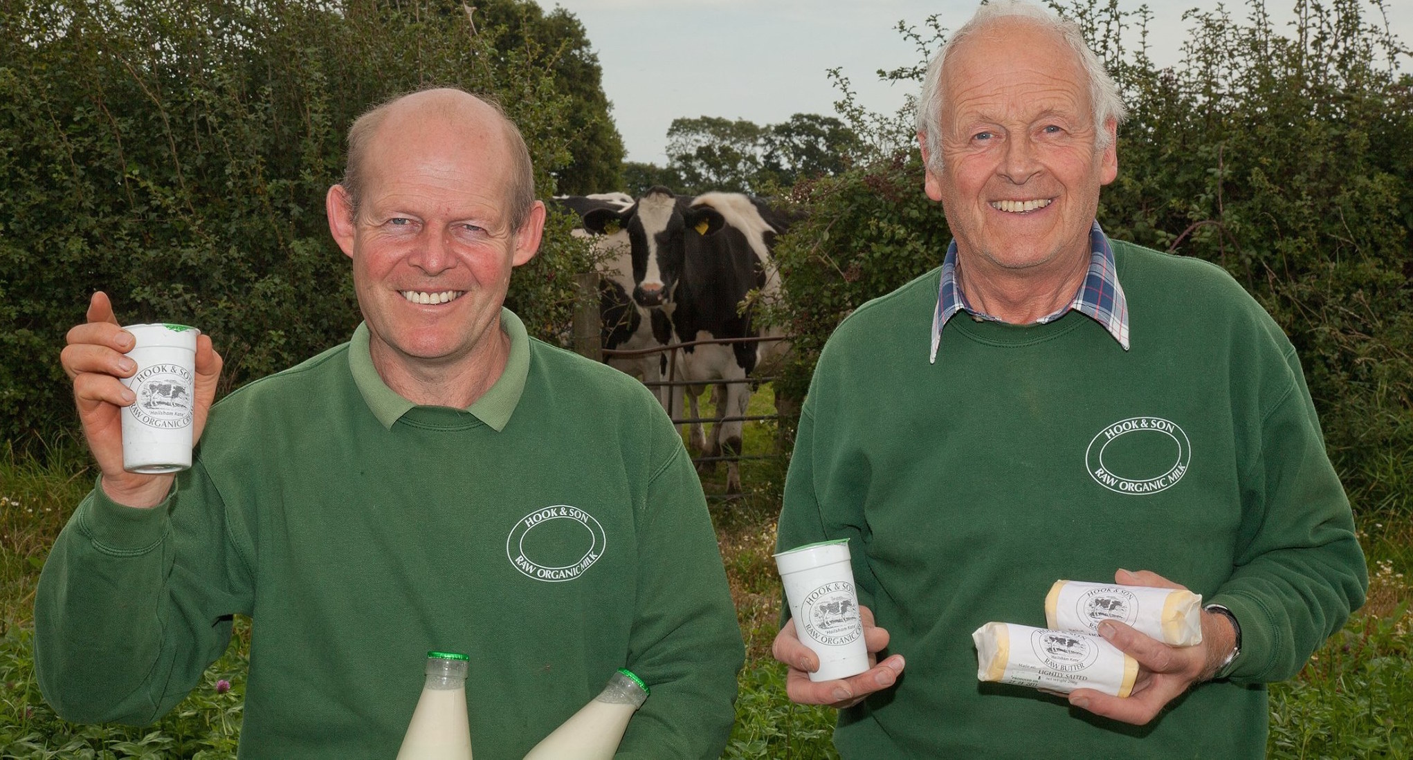 Steve (left) and Phil Hook are among over 200 licensed producers of certified raw milk in England. Foil-capped 'green top' bottles are familiar to raw milk drinkers across the country. They also sell raw butter, raw cream and ghee.
