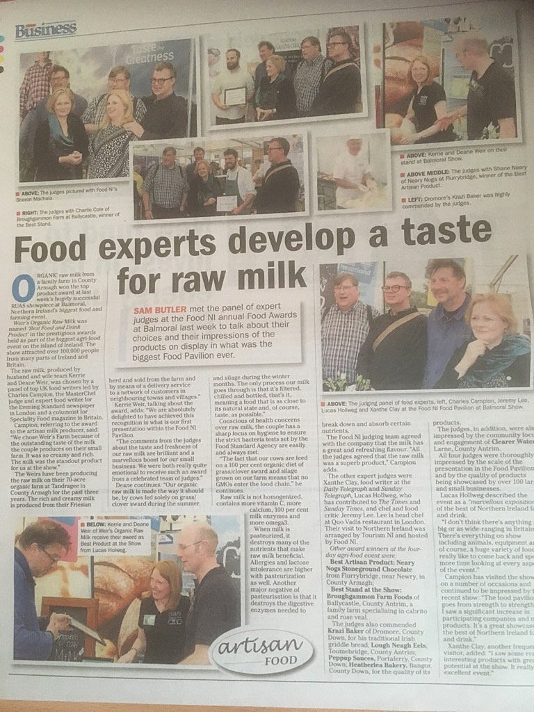 Image: Raw milk from Weir's Farm won a food award in May 2017, via Sam Butler , click to enlarge 