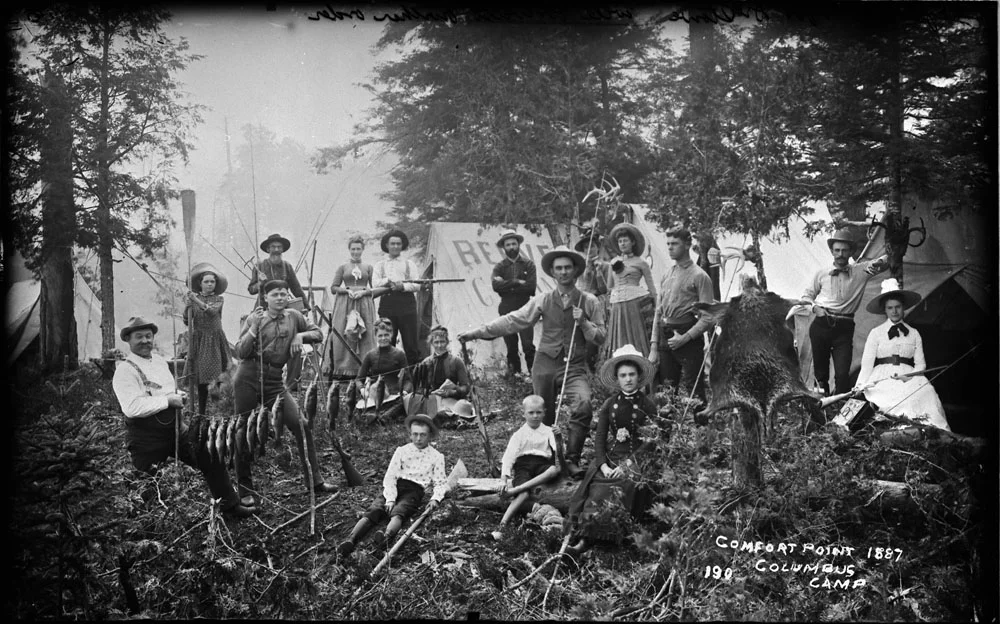 Campers and game at Comfort Point, Columbus Camp, Muskoka Lakes, Ont., 1887. (Library and Archives Canada)