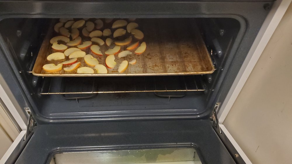  Lay your slices out on a cookie sheet and place in the oven. Leave in the oven for 6 hours, flipping every once in a while. I flipped them every hour and that seemed to do the trick. 