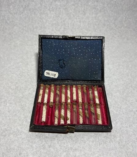 a pocket-sized, black leather case with dark blue and red lining. The case has the space for 24 vials that hold various homeopathic remedies. 4 vials are missing.