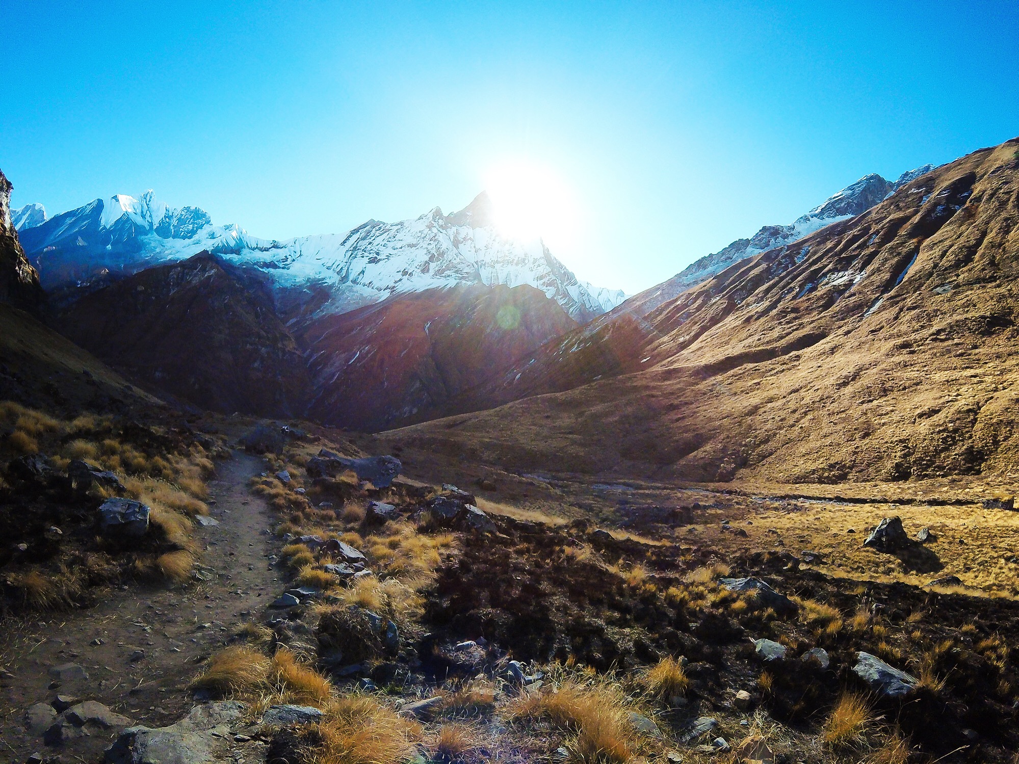 Nov 13.2, 2016 For a kilometer we enjoy a meadow trail along the Modi Khola River, the major drain of the East Annapurna Glacier. Rounding Hinku Cave, the sister peaks of Gandharwa Chuli and Machhapuchhre streak a morning sun.