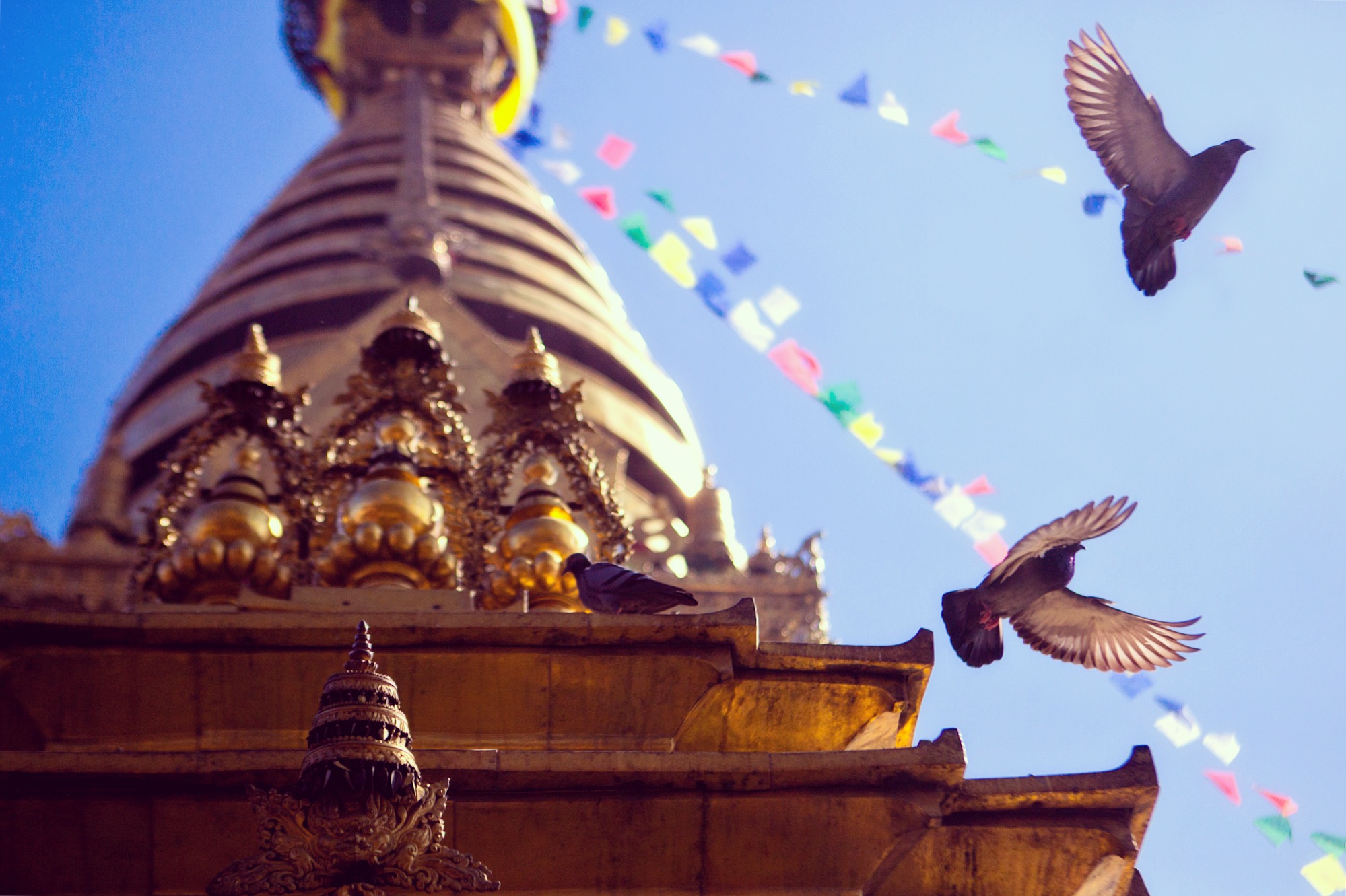 Nov 16.4, 2016 The flags were being hung, dancing in the wind, as we circumambulated the stupa. Prayer wheels lined the perimeter in hypnotic ad infinitum. The Sanskrit mantra, Om mani padme hum, appears on each in rich copper polished by the fingers of those who spin them. Each syllable of the mantra corresponds to a sacred realm of existence, and each realm is associated with a color, now flying overhead.