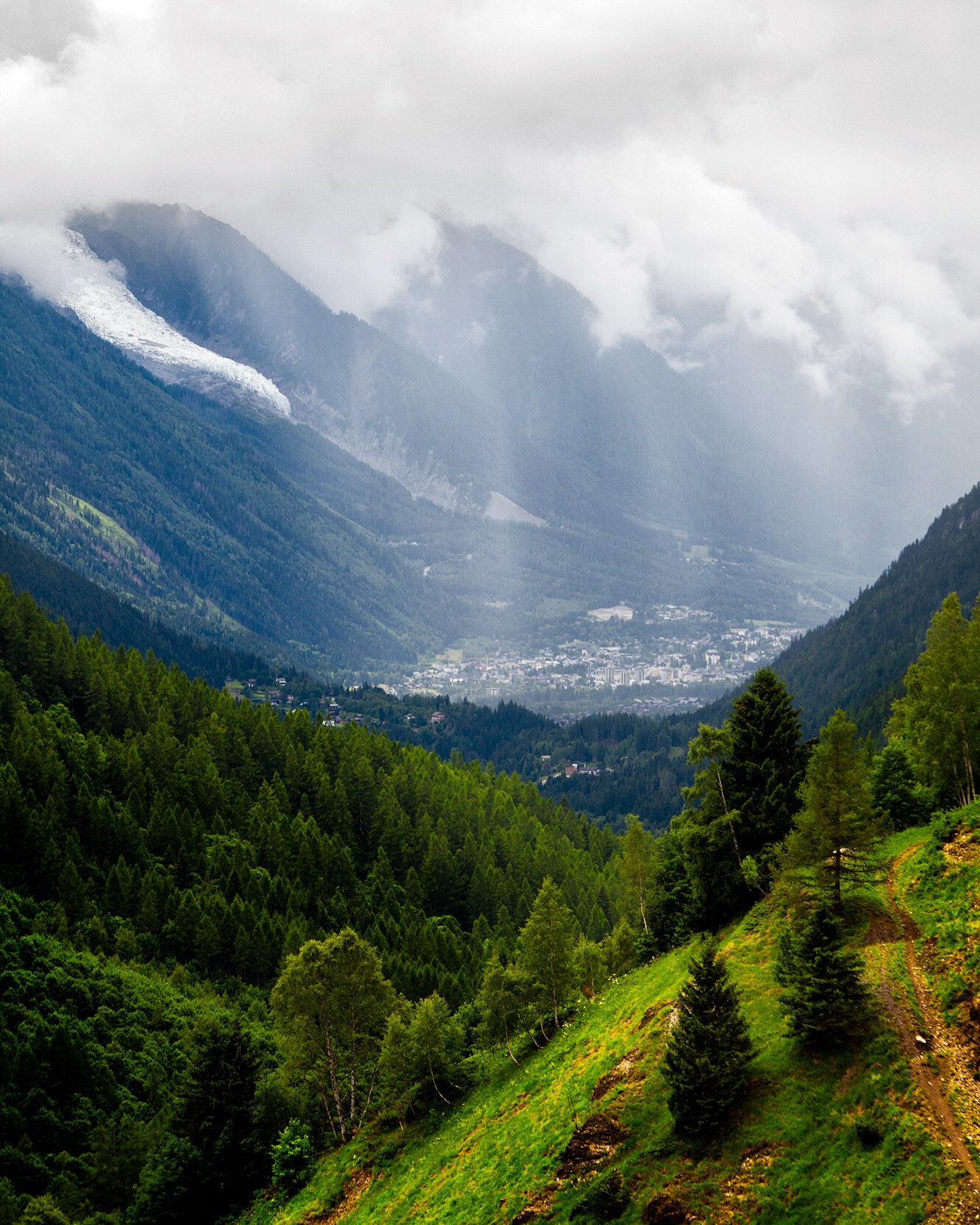 Day 2:&nbsp;Argentière, Rhone-Alpes, FranceThe rain sheets on Chamonix; a view from over 2,000 meters down the Val de Chamonix, on approach to Col de Balme.