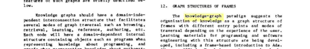ITT Programming, 1983: “The knowledge-graph paradigm suggests the organization of knowledge as a graph structure of frames with different entry points and nodes of traversal depending on the experience of the user…”