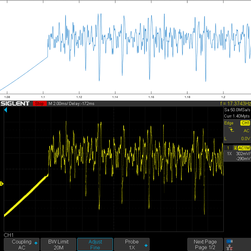 Data from MATLAB (top) saved in an audio file and played through the headphone jack into an oscilloscope (bottom). A sine wave was added to the signal as a reference (as seen on the left).
