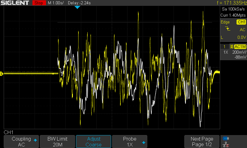 Slow-wave neural EEG from headphone jack (yellow) with the original signal overlaid from MATLAB (white).