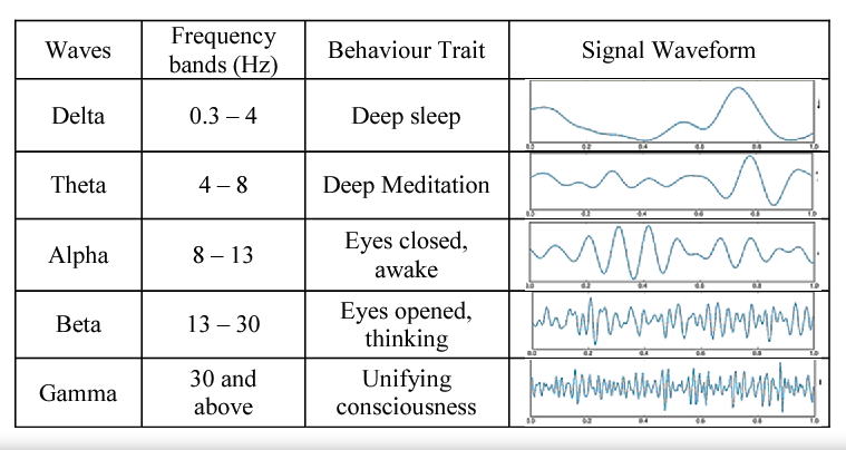 Common EEG bands: slow-wave activity overlaps with the Delta band, but is sometimes appreciated as its slowest components. Source: Analysis on Non-Linear Features of Electroencephalogram (EEG) Signal for Neuromarketing Application.