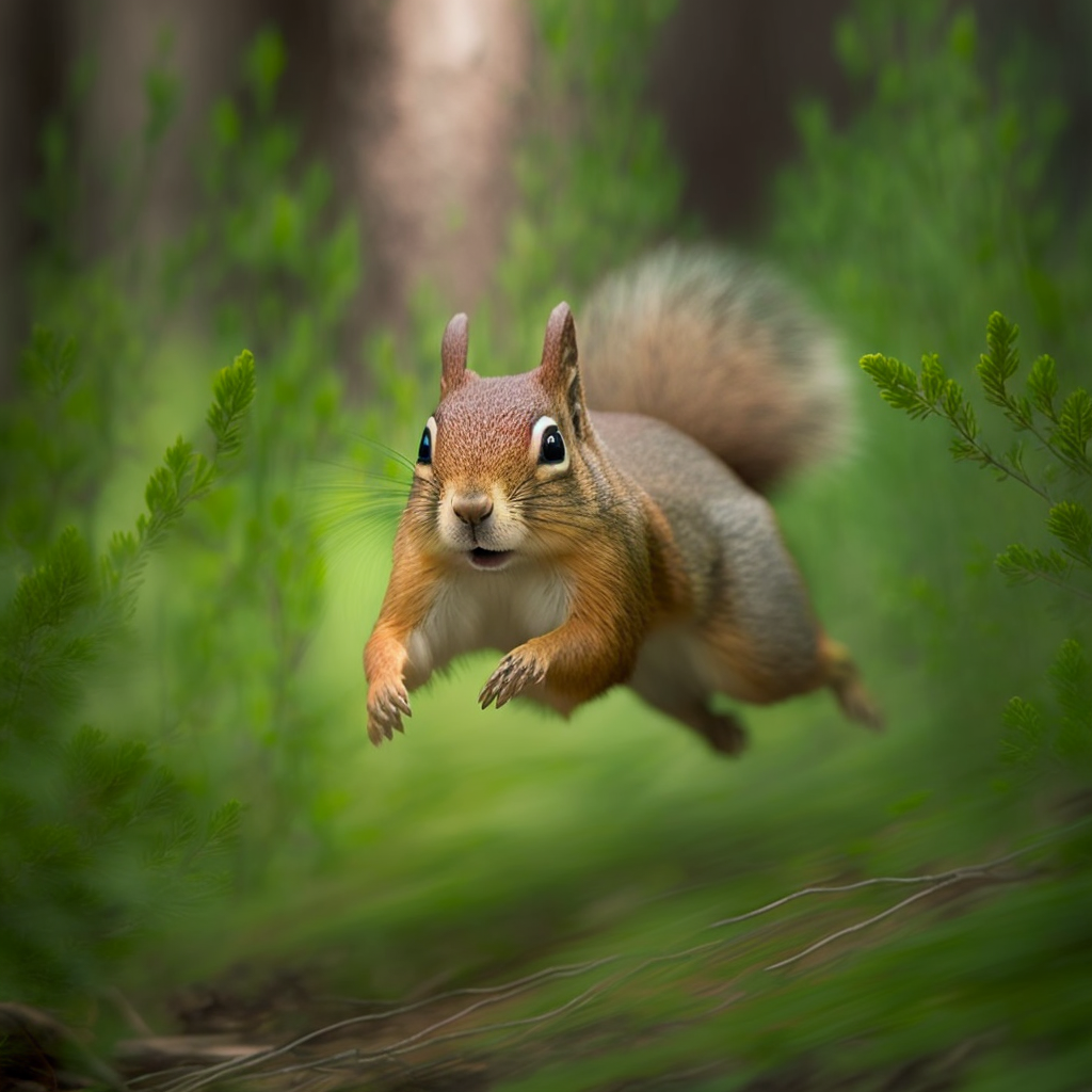North American Red Squirrel Bounding Through Forest