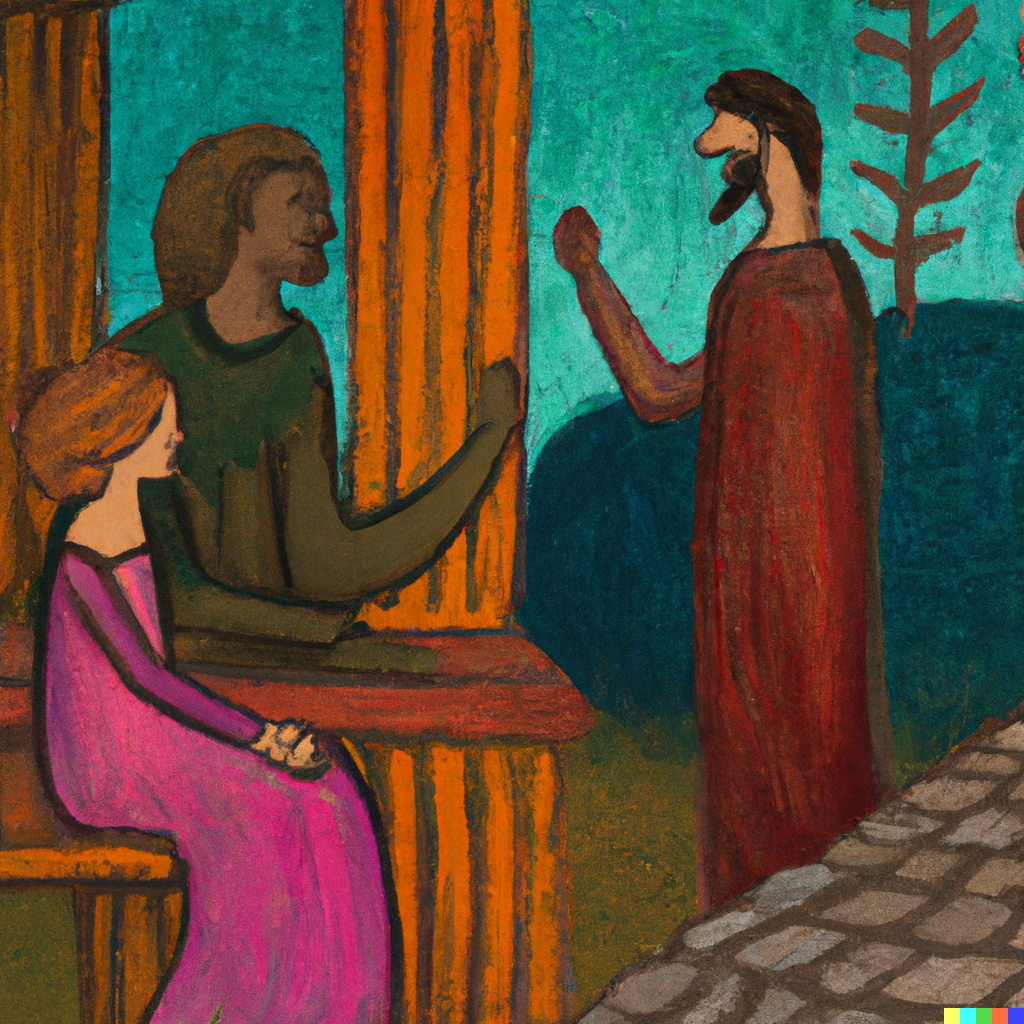 DALL·E 2022-07-09 19.54.35 - Sophie having discussions with Robert and Beto out in the agora, etruscan style painting.png
