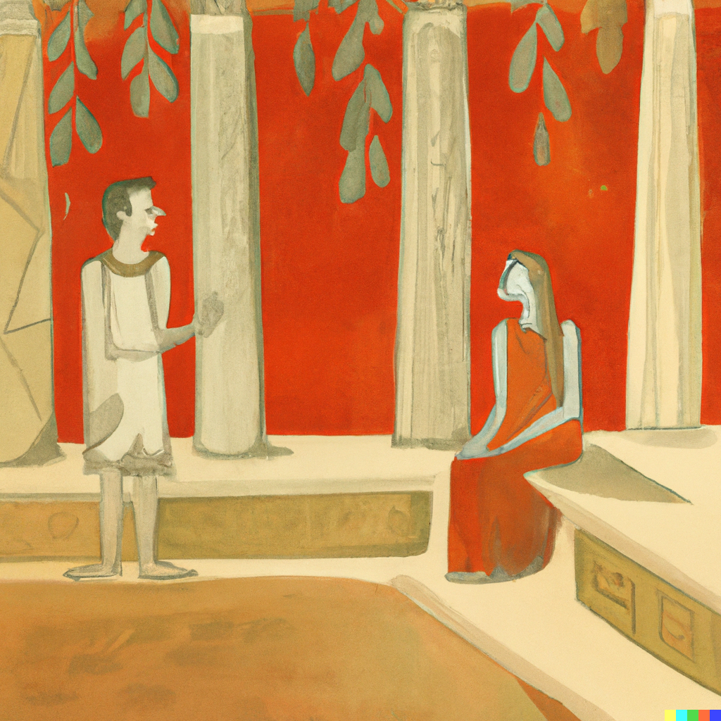 DALL·E 2022-07-09 19.55.12 - Sophie having philosophical discussions with Robert out in the agora, etruscan style painting.png