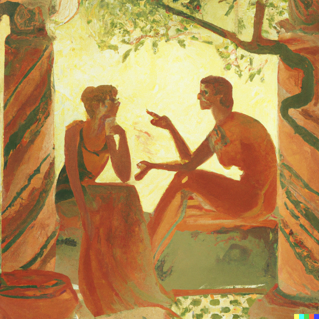 DALL·E 2022-07-09 19.55.16 - Sophie having philosophical discussions with Robert out in the agora, etruscan style painting.png