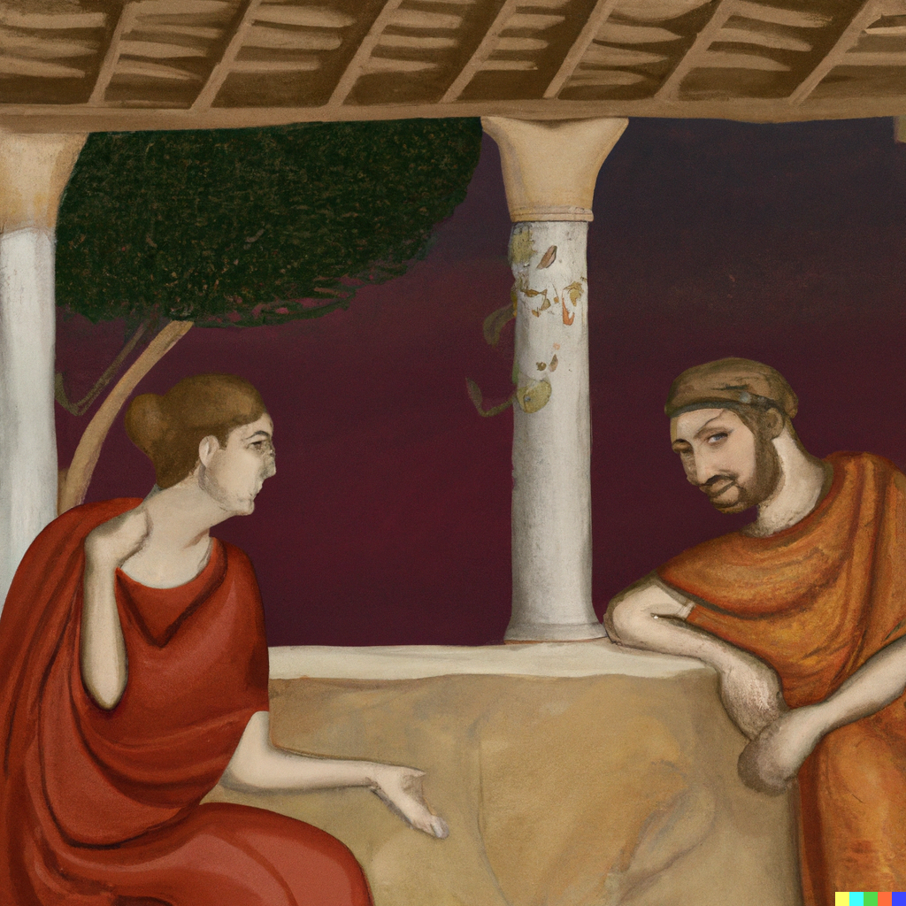 DALL·E 2022-07-09 19.55.55 - Sophie having philosophical discussions with Robert out in the agora, byzantine style painting.png