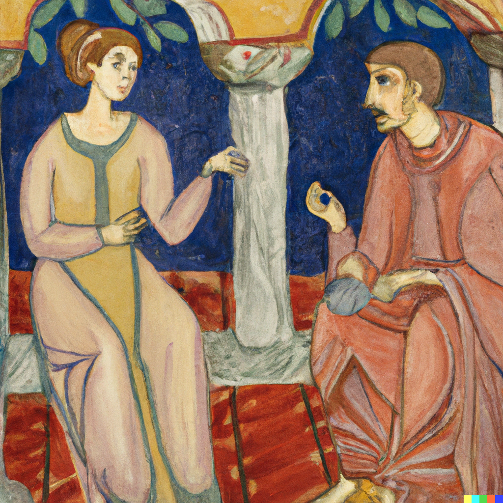 DALL·E 2022-07-09 19.55.59 - Sophie having philosophical discussions with Robert out in the agora, byzantine style painting.png