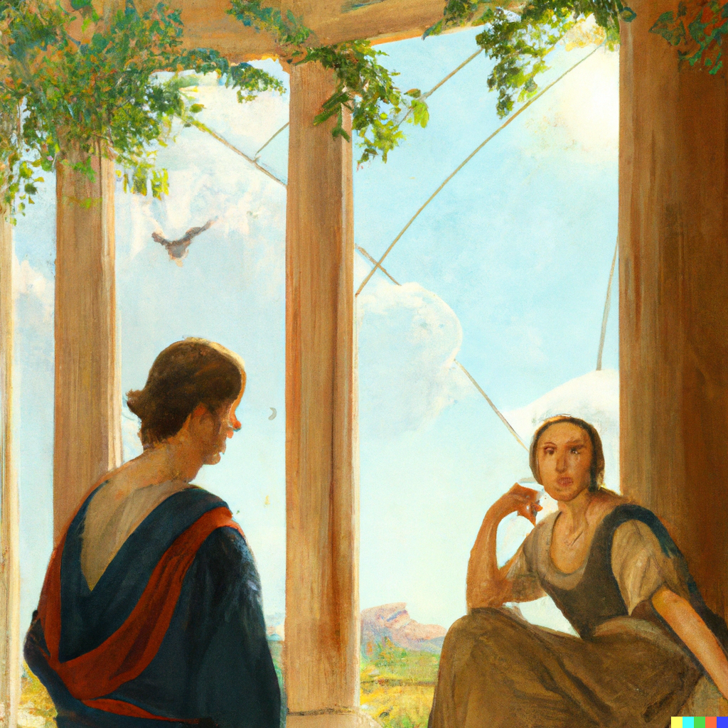 DALL·E 2022-07-09 19.56.51 - Sophie having philosophical discussions with Robert out in the agora, raphael painting.png