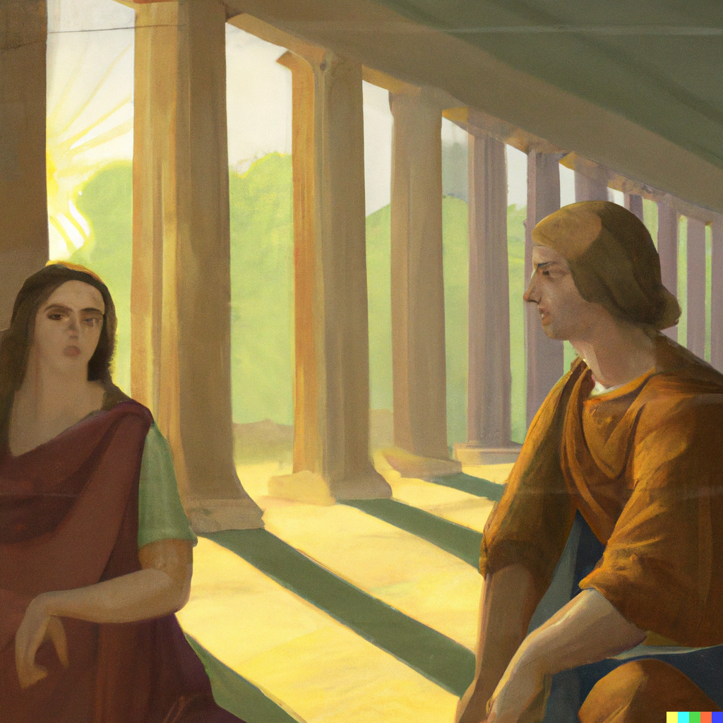 DALL·E 2022-07-09 19.56.59 - Sophie having philosophical discussions with Robert out in the agora, raphael painting.png