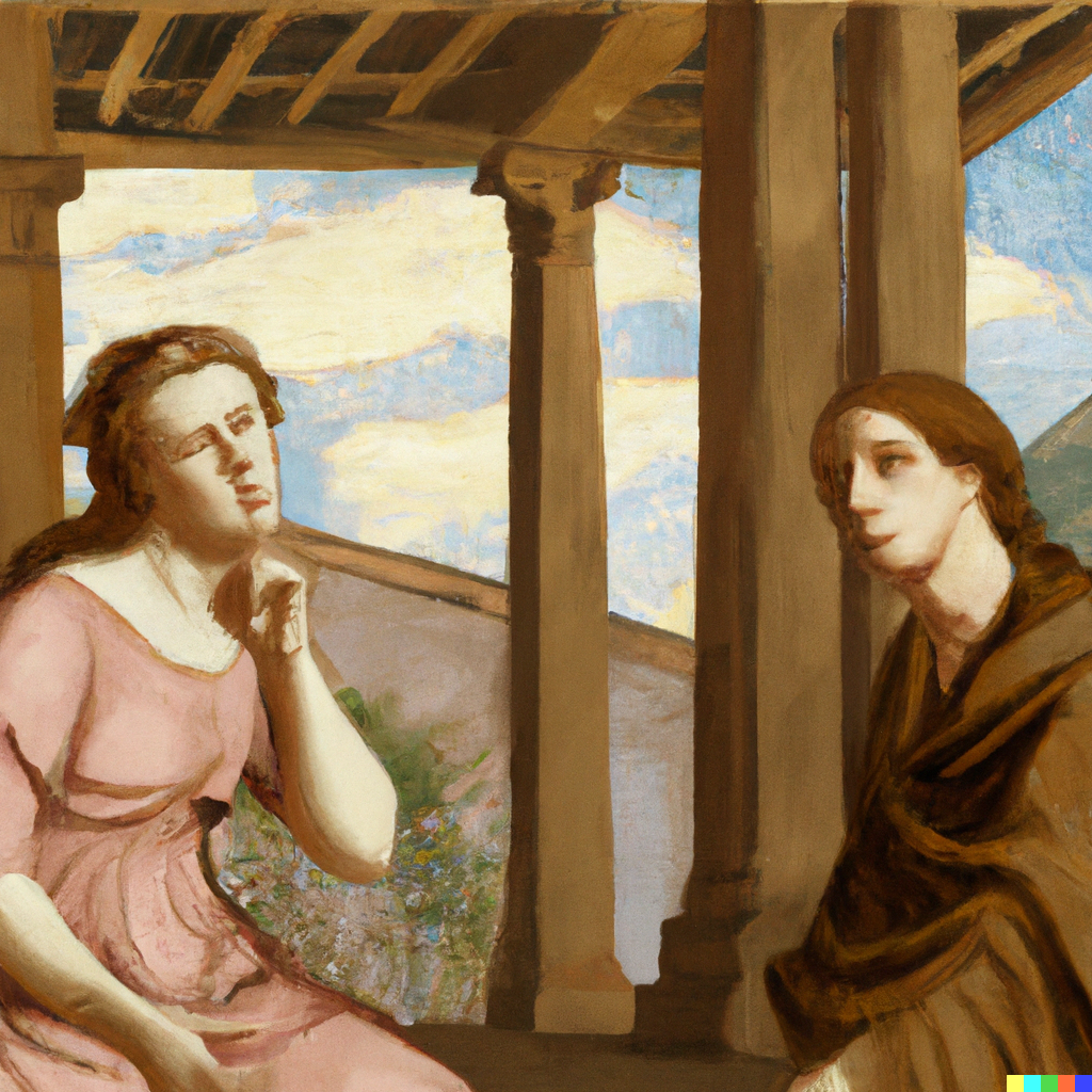 DALL·E 2022-07-09 19.57.03 - Sophie having philosophical discussions with Robert out in the agora, raphael painting.png