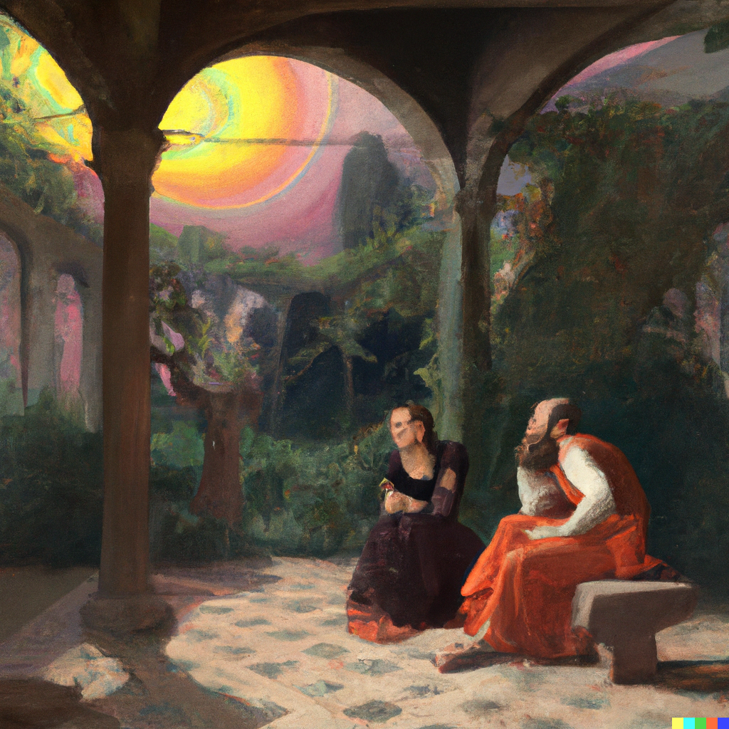 DALL·E 2022-07-09 19.58.46 - Sophie having philosophical discussions with Robert out in the agora, Bosch painting.png