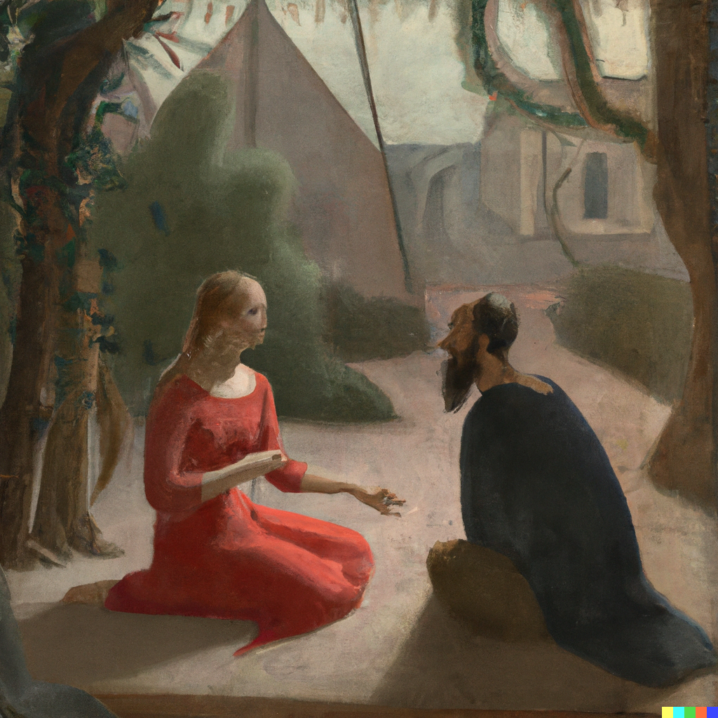 DALL·E 2022-07-09 19.58.48 - Sophie having philosophical discussions with Robert out in the agora, Bosch painting.png